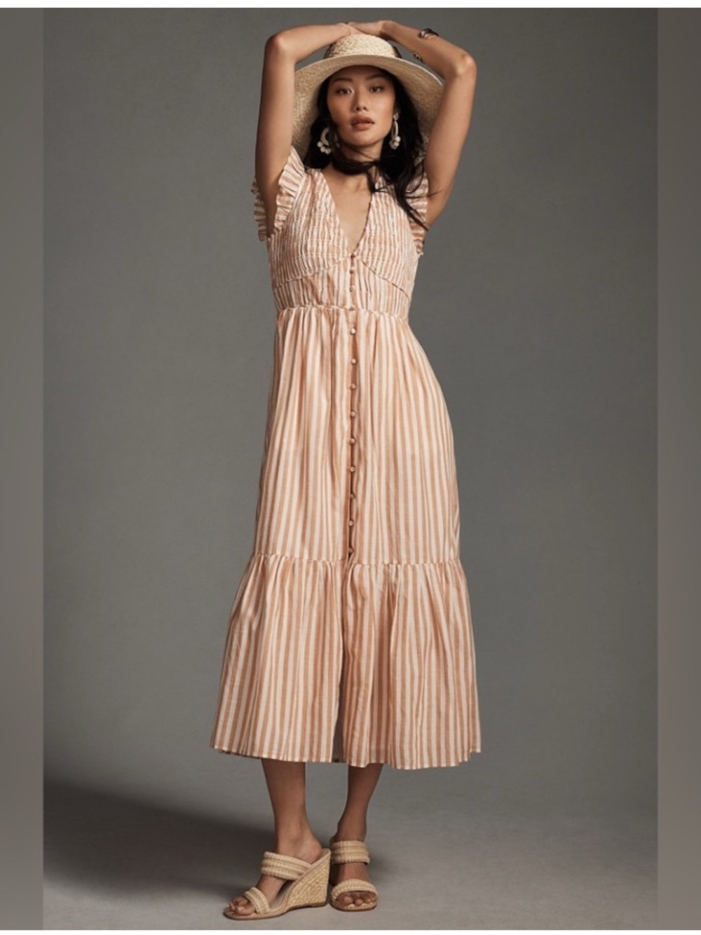 Anthropologie Peach and White Striped Ruffled Midi Dress